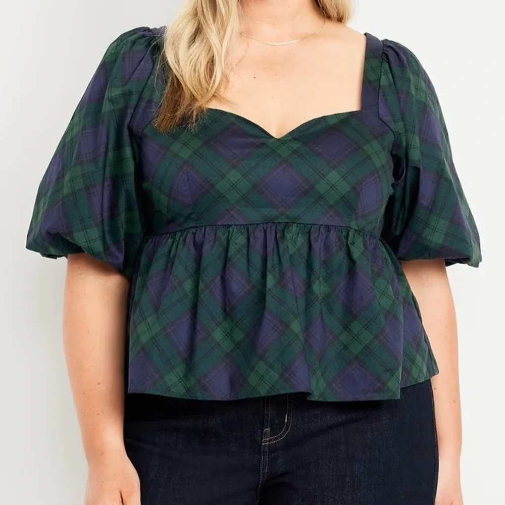 Old Navy Womens 4X Blue Green Plaid Puff Sleeve Peplum Smocked Top 100% Cotton